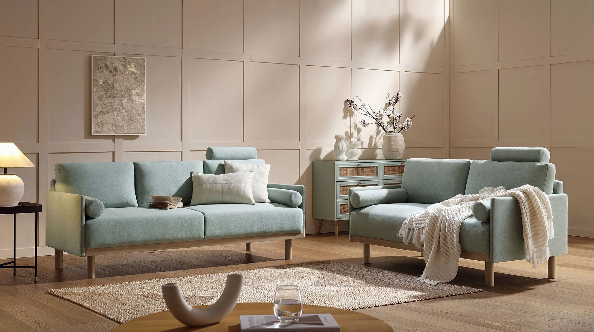 Timber Sage Green Fabric Sofa, 3-Seater