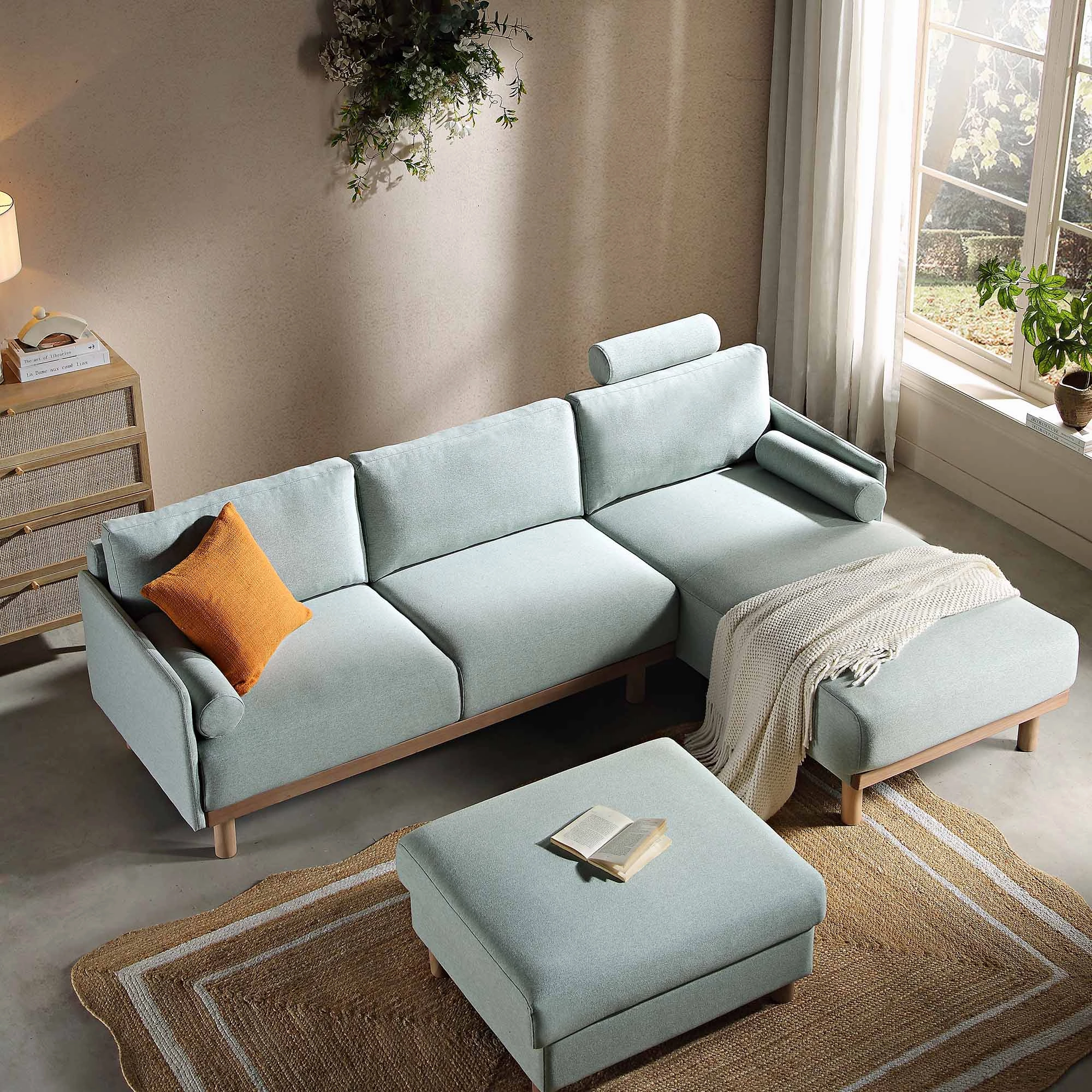 Timber Sage Green Fabric Sofa, Large 3-Seater Chaise Sofa Right Hand Facing