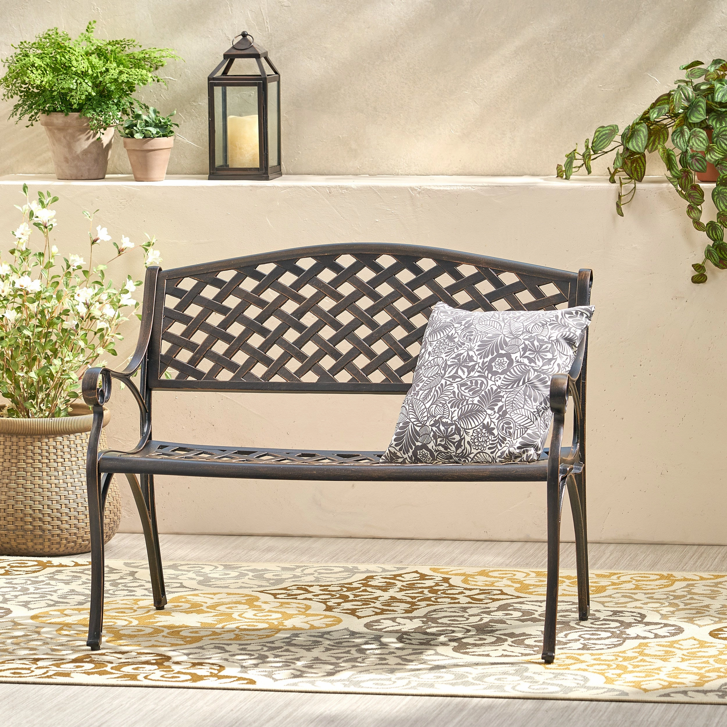 Traditional Mesh Pattern Antique Copper Cast Aluminum Bench - NH929933 outdoor furniture, garden bench