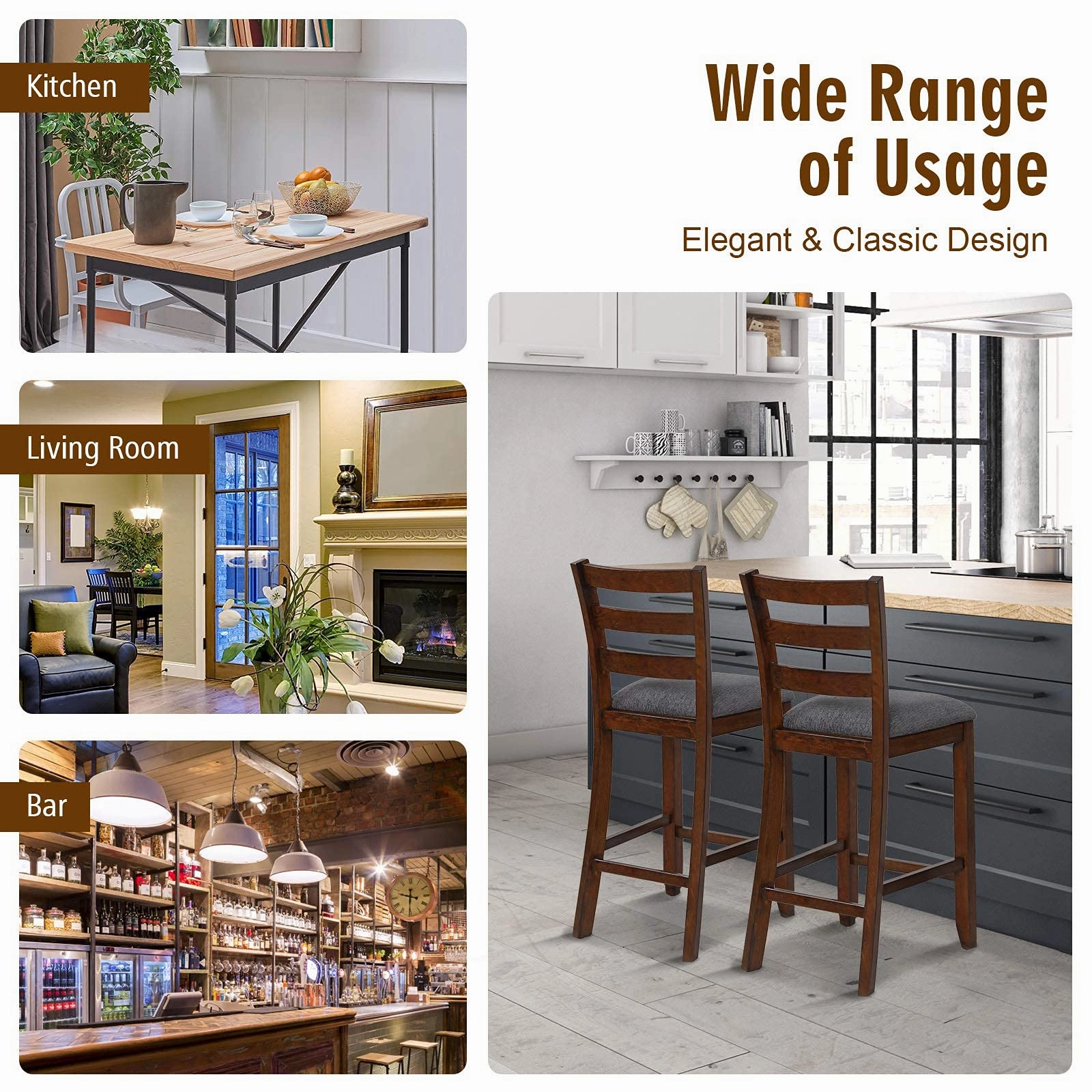 Upholstered Bar Stools with Solid Rubber Wood Frame, Foam-Padded Cushion