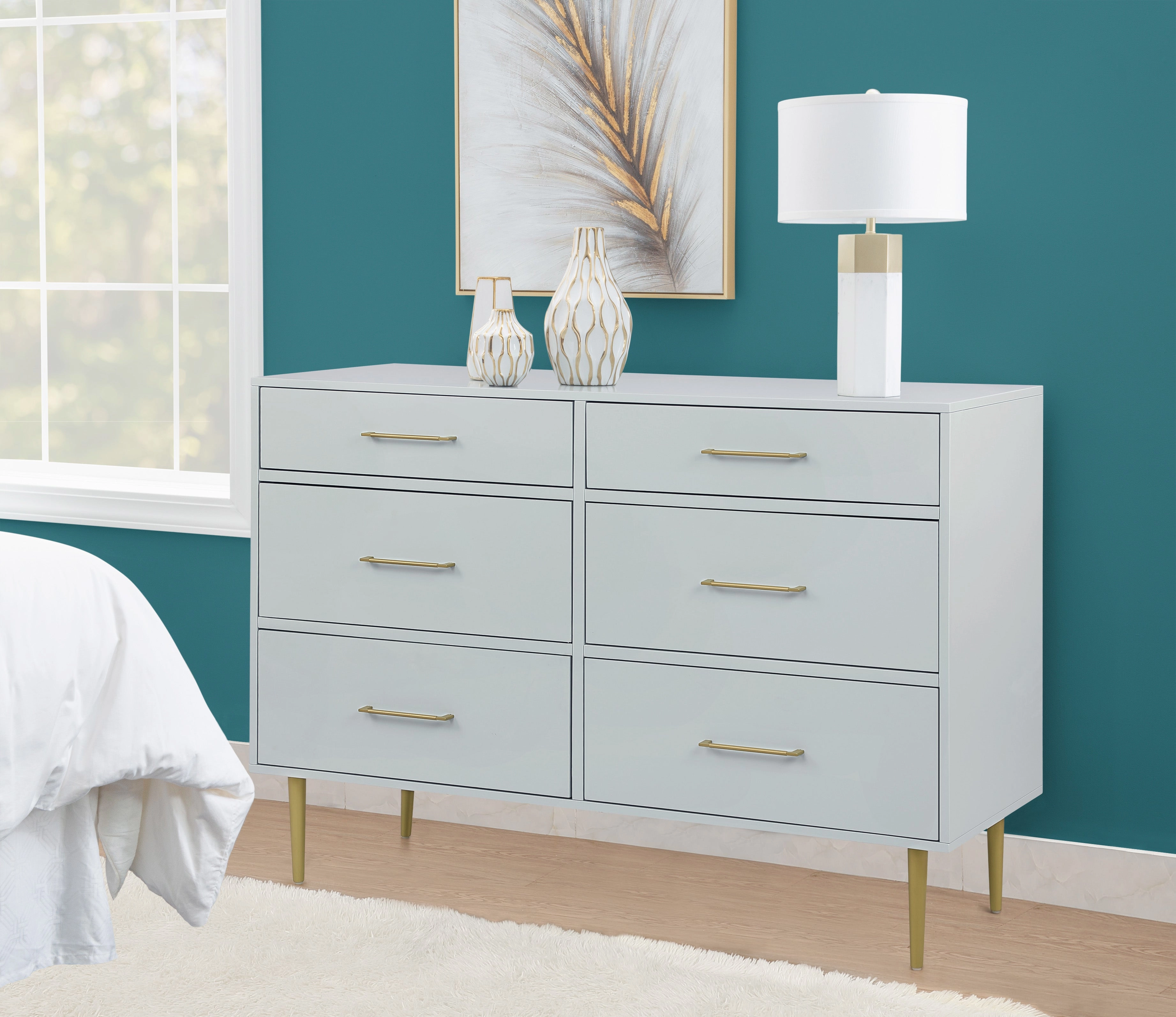Valerie Glam 6 Drawer Dresser - Light Grey