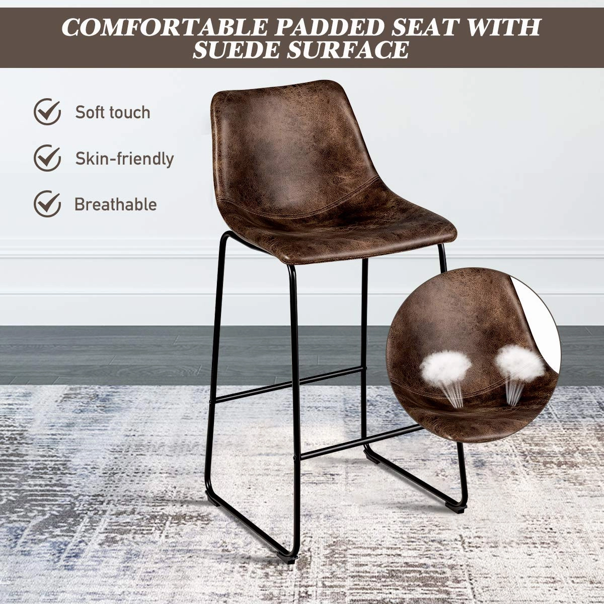 Vintage Faux Suede Bar Stools, with Metal Legs, Back and Footrest