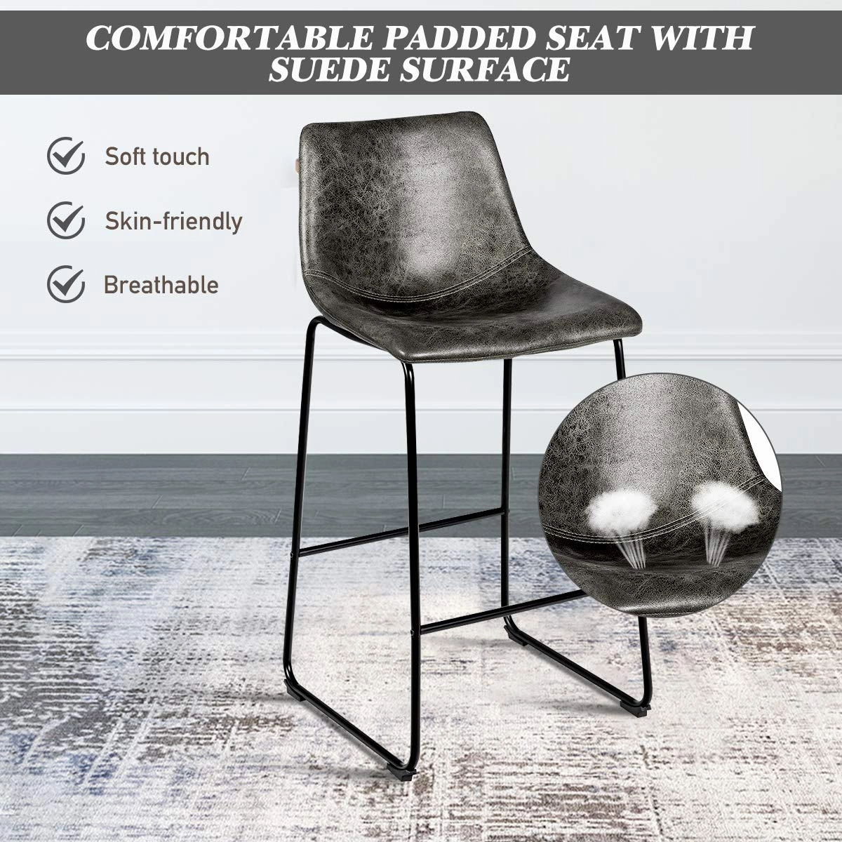 Vintage Faux Suede Bar Stools, with Metal Legs, Back and Footrest