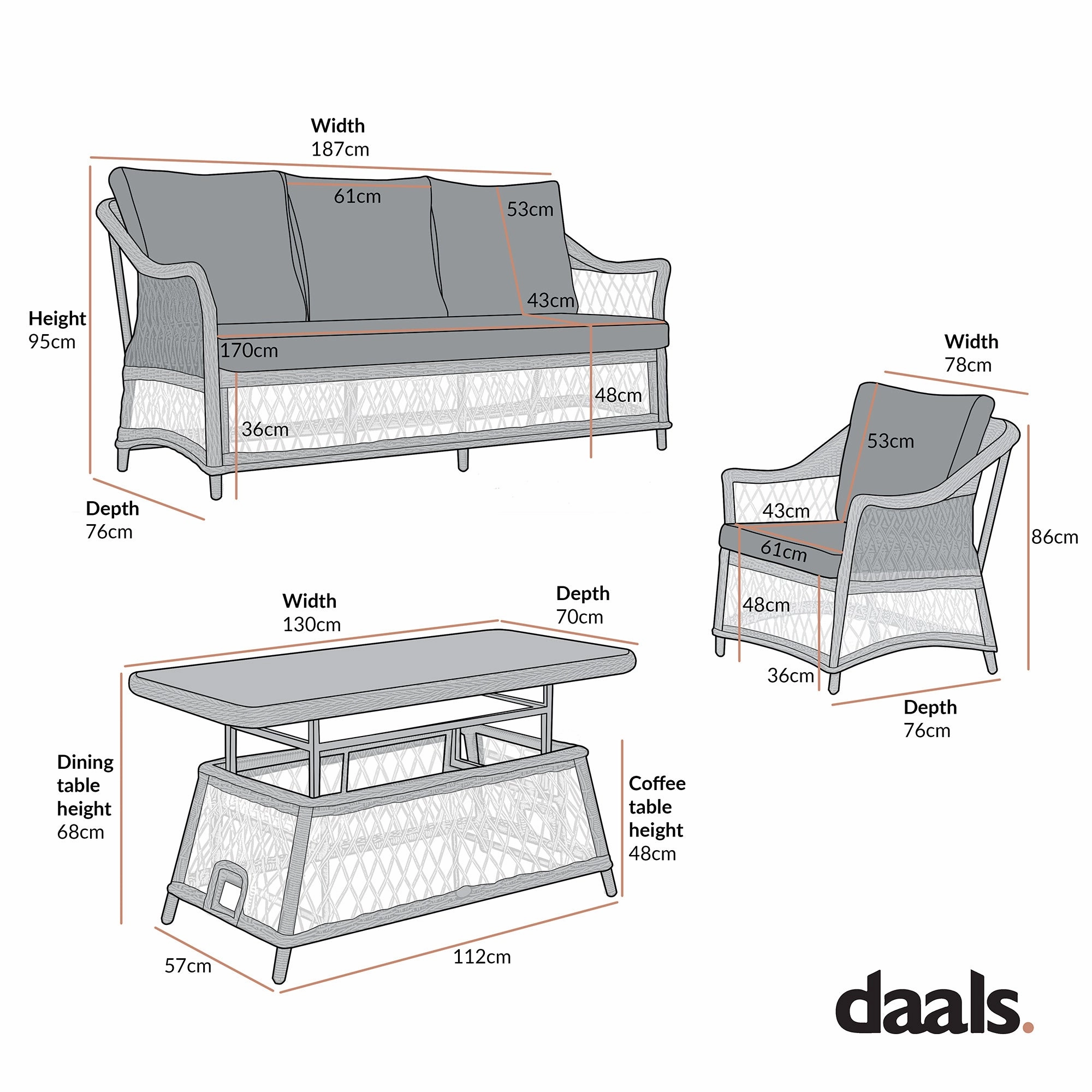 Willowbrook Lattice Weave Rattan 5-Seater Sofa Set with Rising Table, Natural