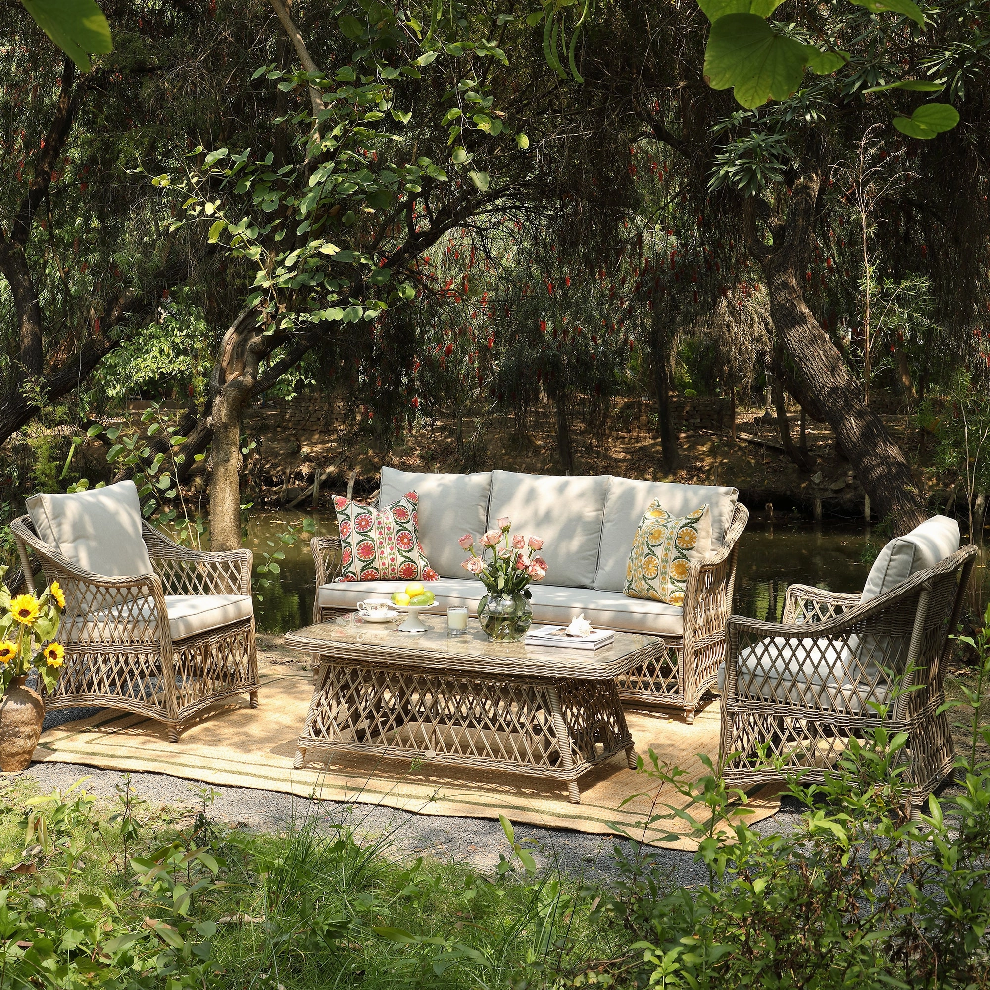 Willowbrook Lattice Weave Rattan 5-Seater Sofa Set with Rising Table, Natural