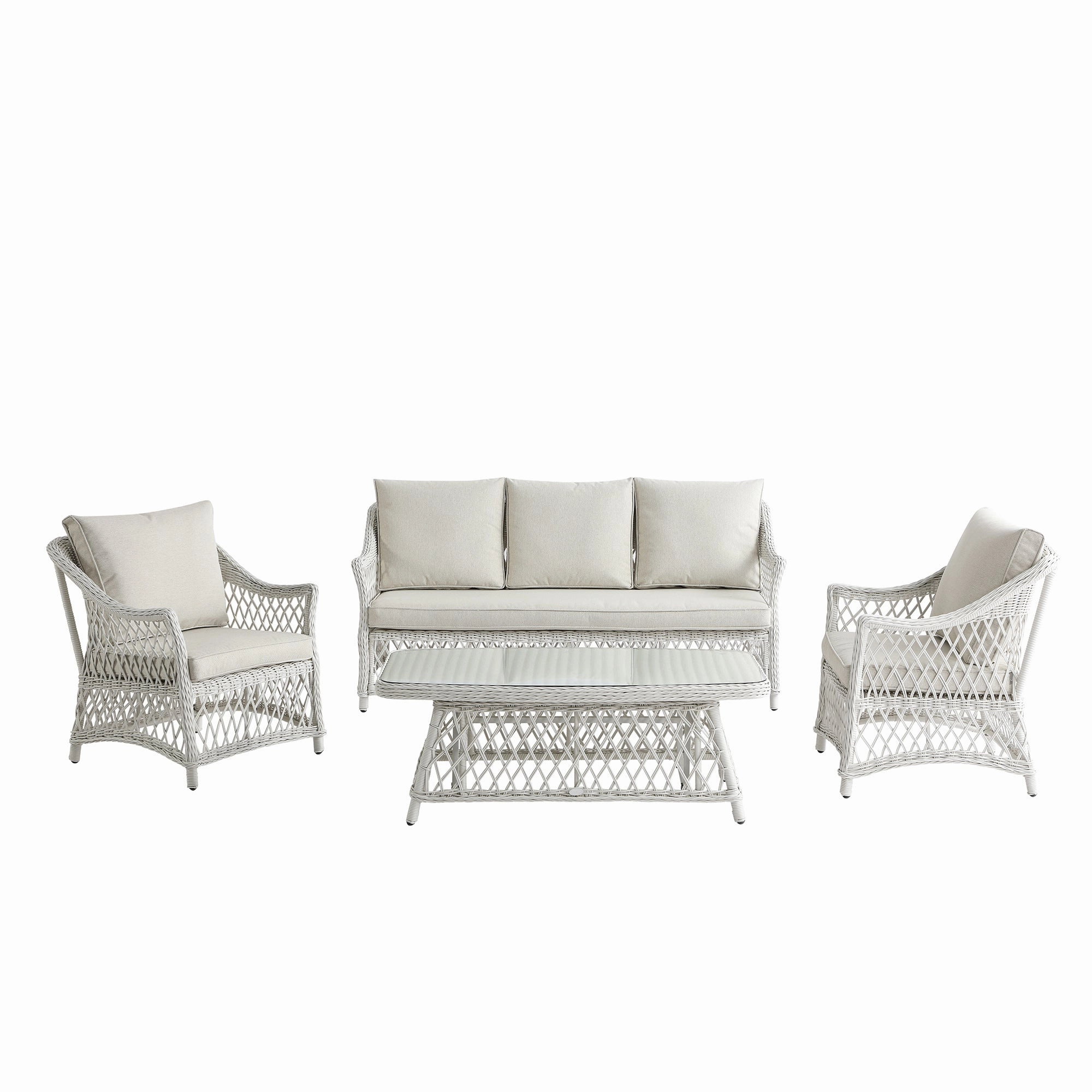 Willowbrook Lattice Weave Rattan 5-Seater Sofa Set with Rising Table, White