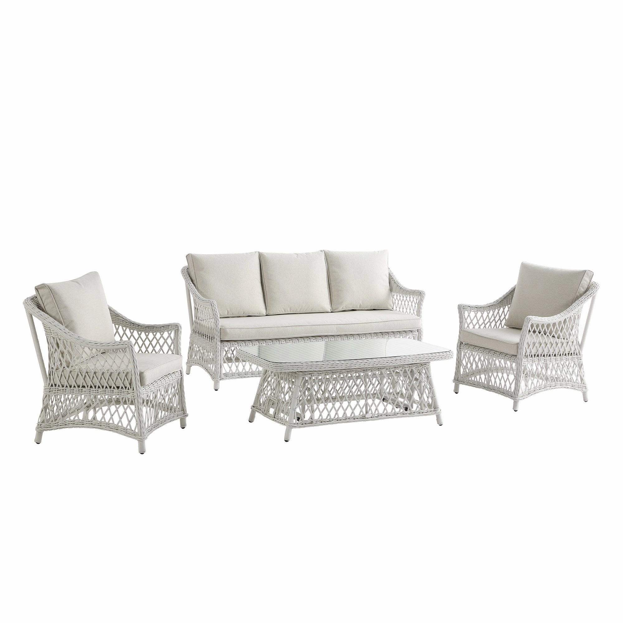 Willowbrook Lattice Weave Rattan 5-Seater Sofa Set with Rising Table, White