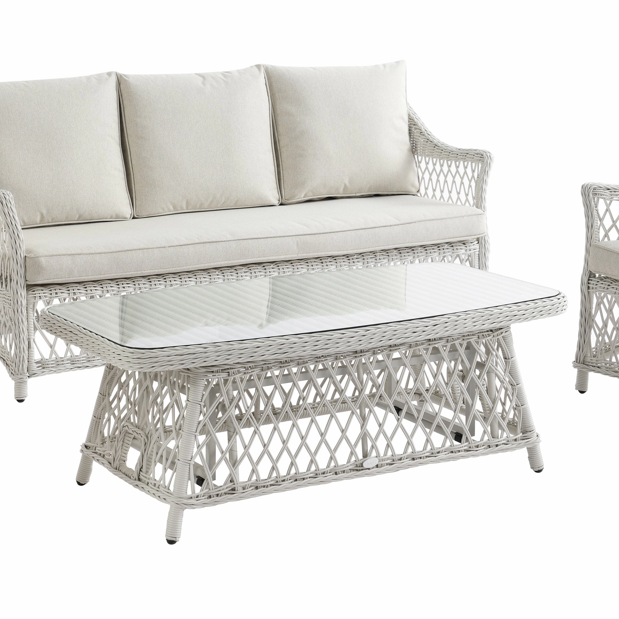 Willowbrook Lattice Weave Rattan 5-Seater Sofa Set with Rising Table, White