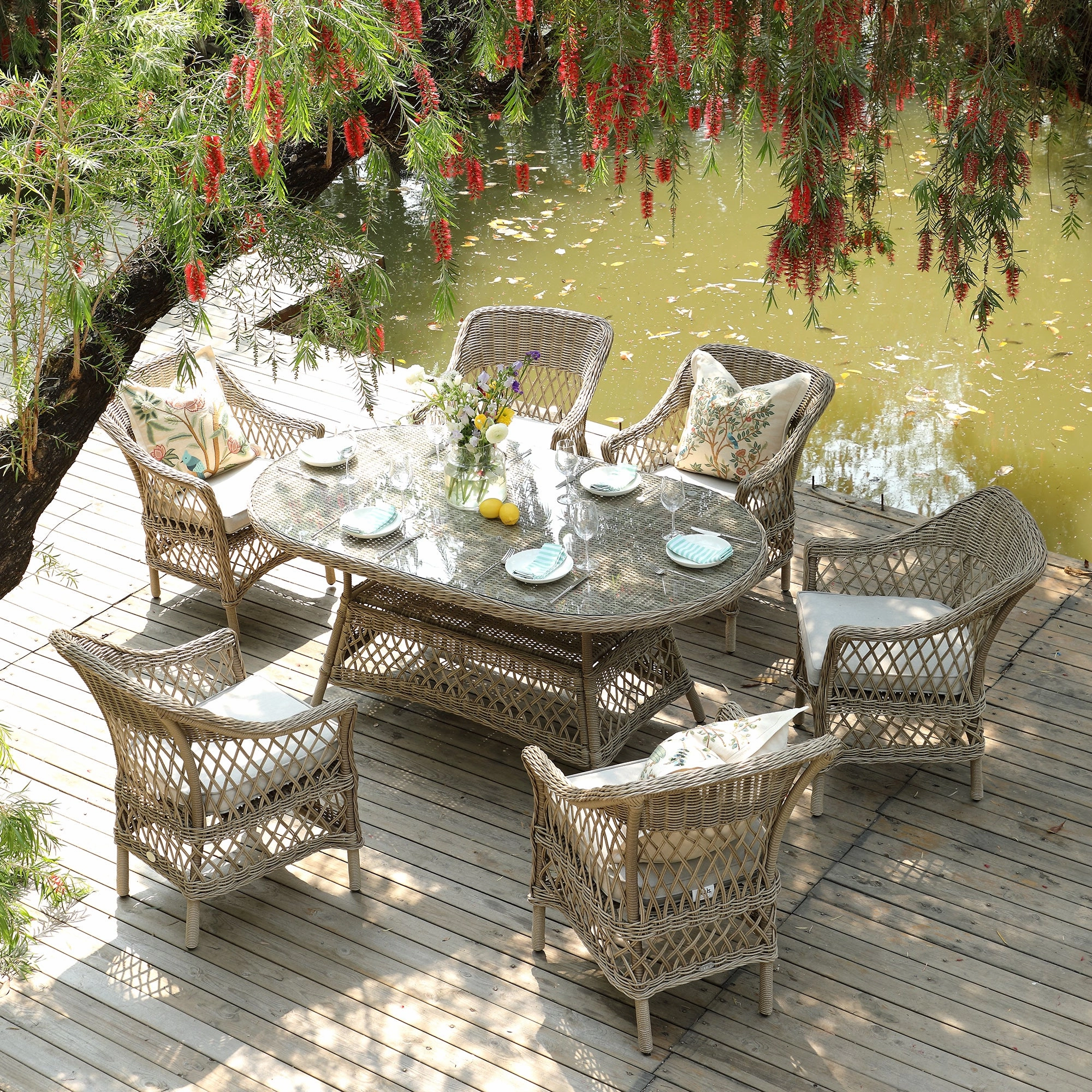 Willowbrook Lattice Weave Rattan 6-Seater Oval Dining Set, Natural