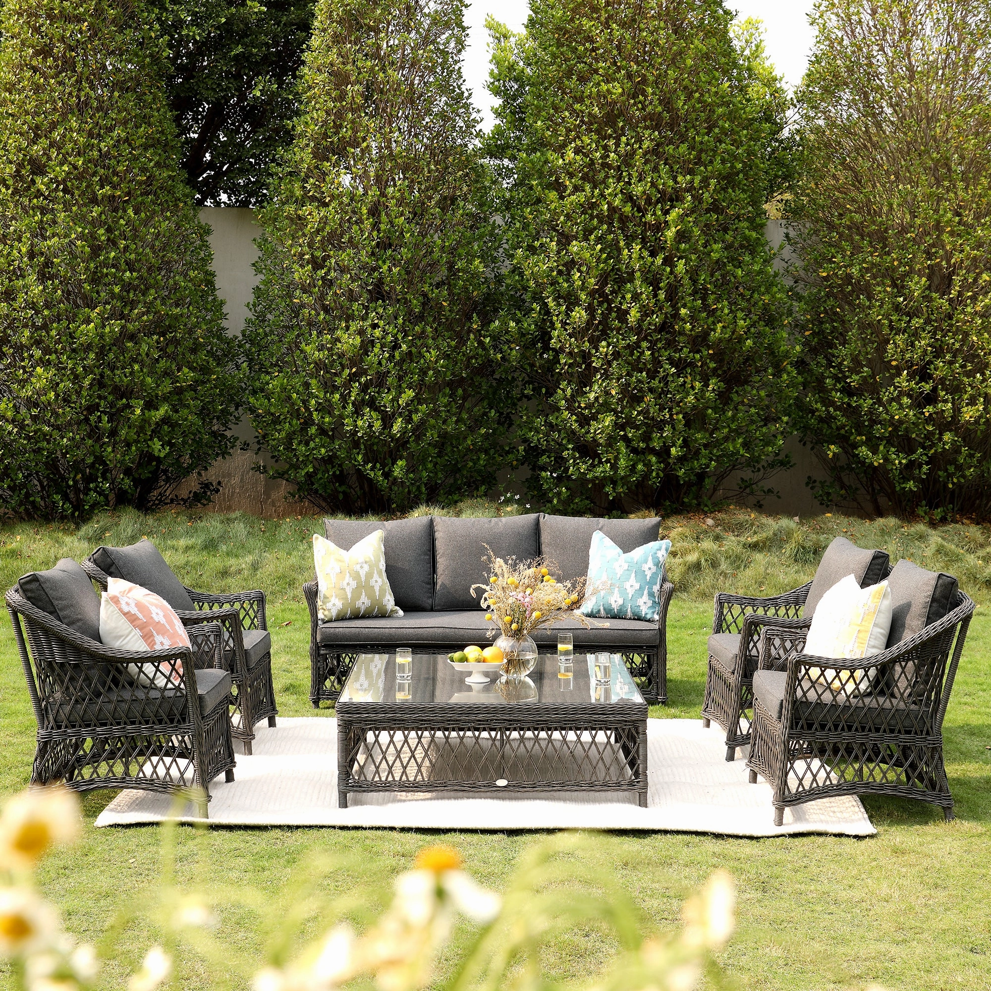 Willowbrook Lattice Weave Rattan 7-Seater Large Sofa Set, Dark Grey