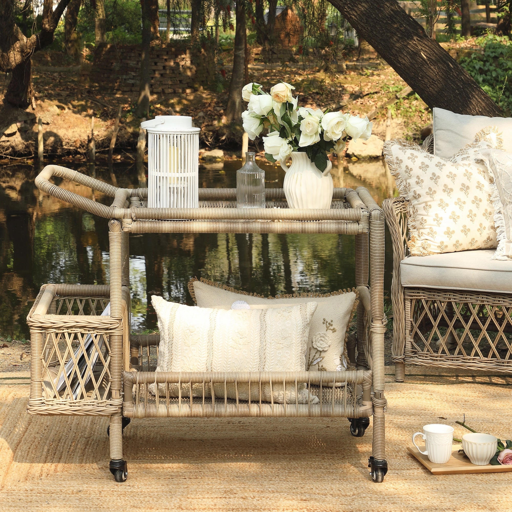 Willowbrook Lattice Weave Rattan Bar Cart, Natural