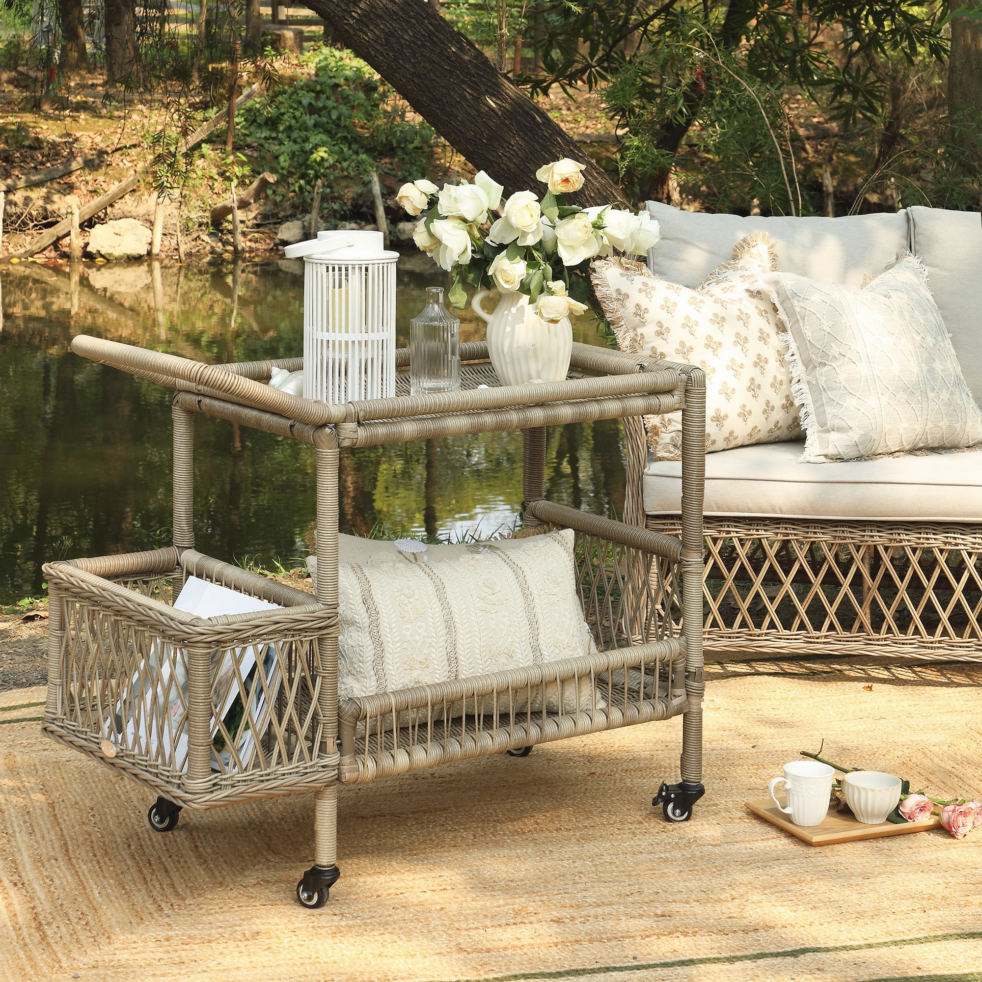 Willowbrook Lattice Weave Rattan Bar Cart, Natural