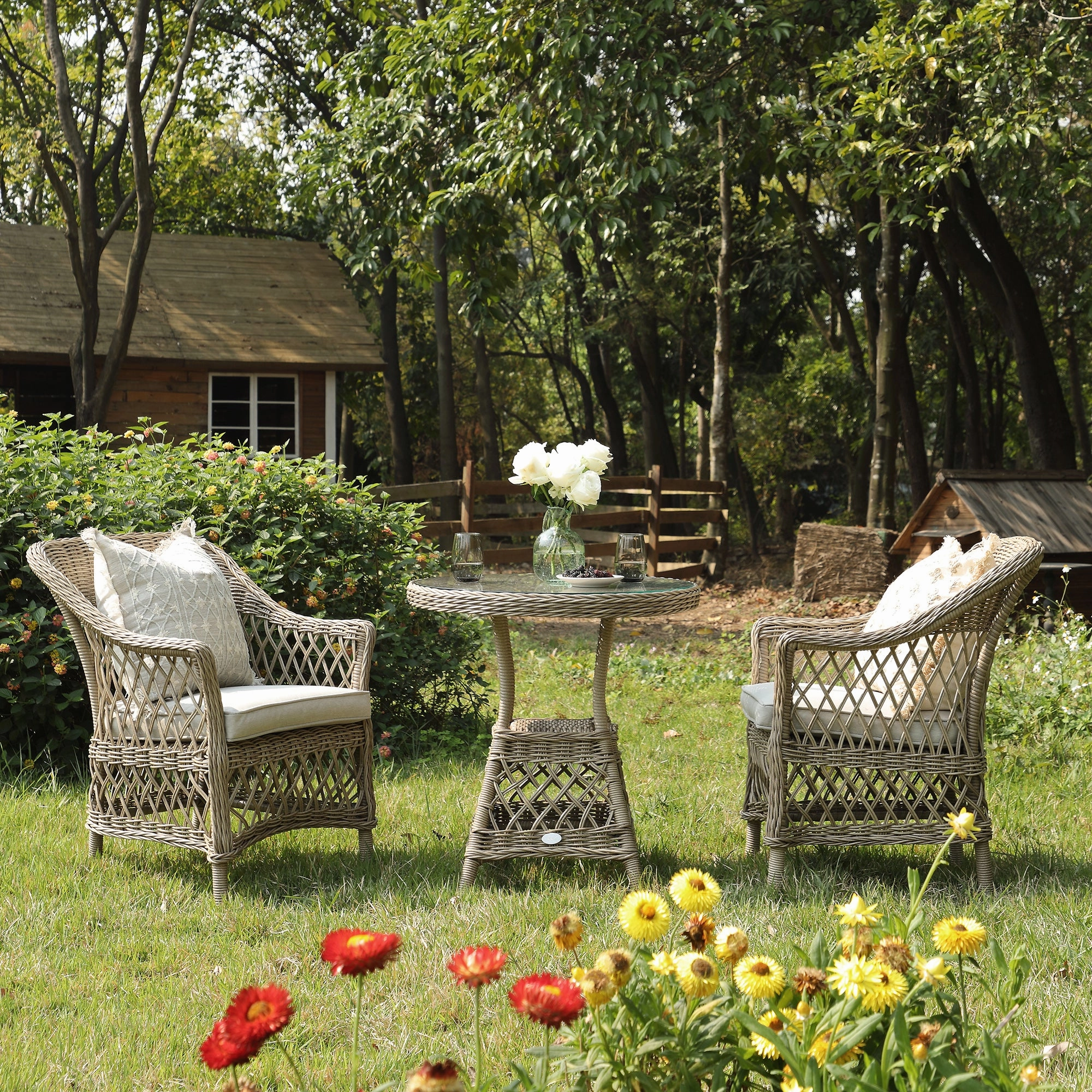 Willowbrook Lattice Weave Rattan Bistro Set, Natural