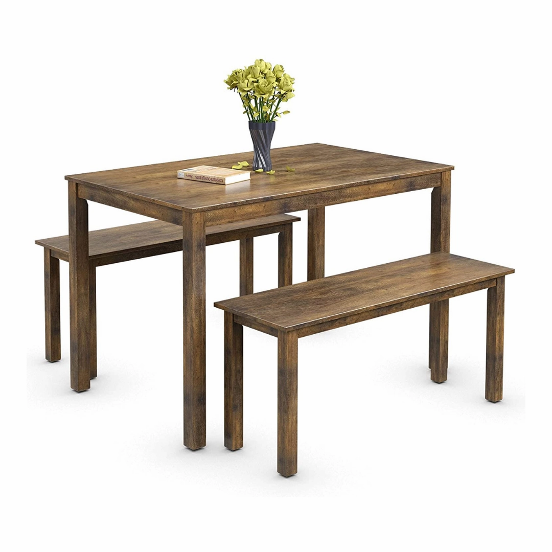 Wooden 3 Pcs Kitchen Dining Room Furniture for 4, Modern Studio Collection Table Set with 2 Benches, Dinette Set (Coffee Brown) kitchen towel, placemats