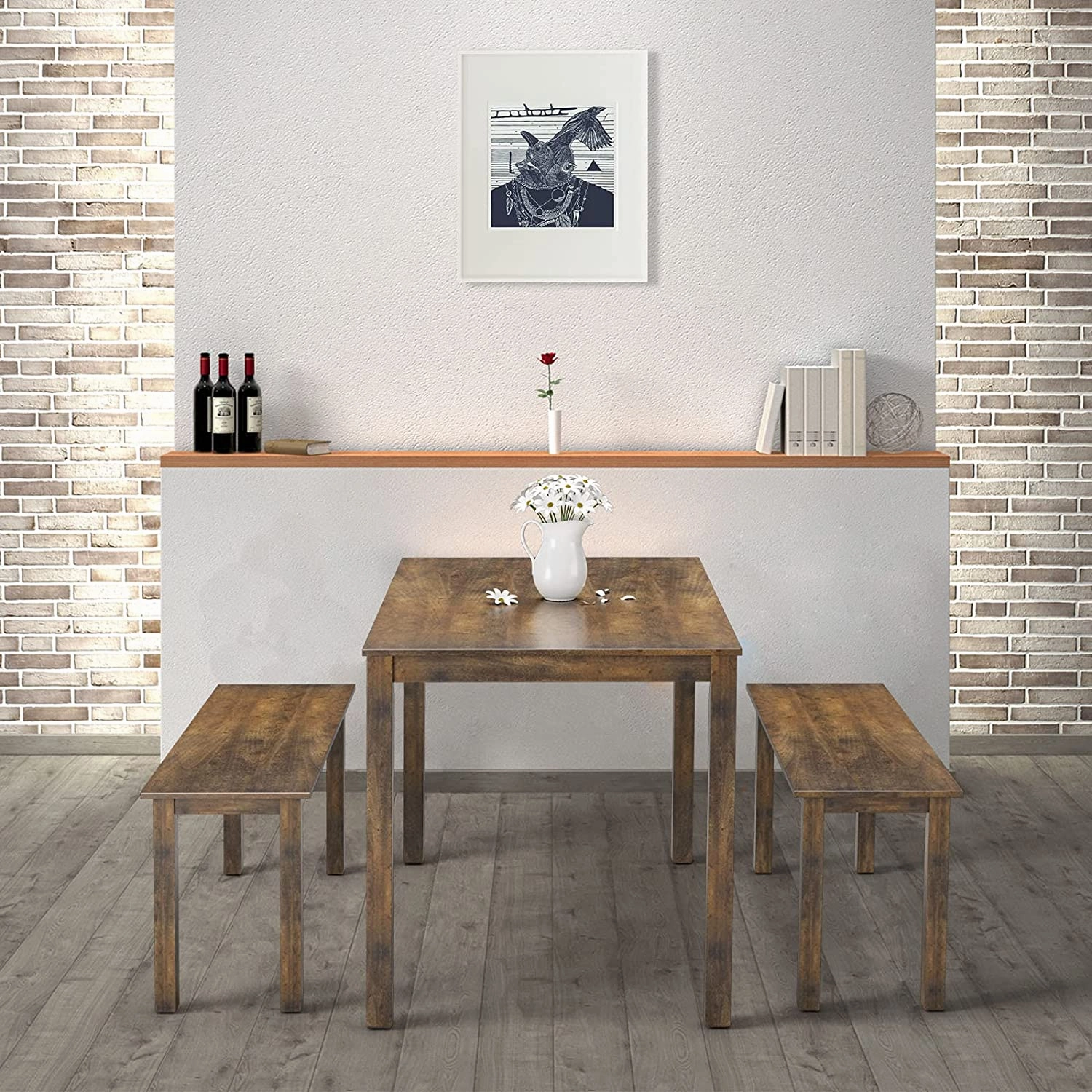 Wooden 3 Pcs Kitchen Dining Room Furniture for 4, Modern Studio Collection Table Set with 2 Benches, Dinette Set (Coffee Brown)