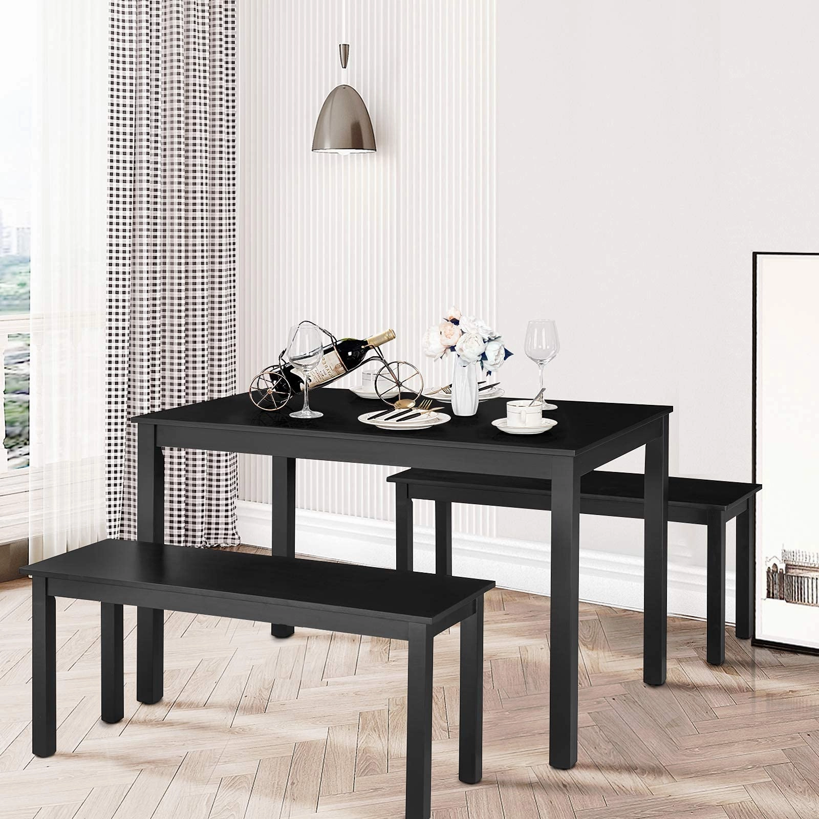 Wooden 3 Pcs Kitchen Dining Room Furniture for 4, Modern Studio Collection Table Set with 2 Benches, Dinette Set (Coffee Brown)