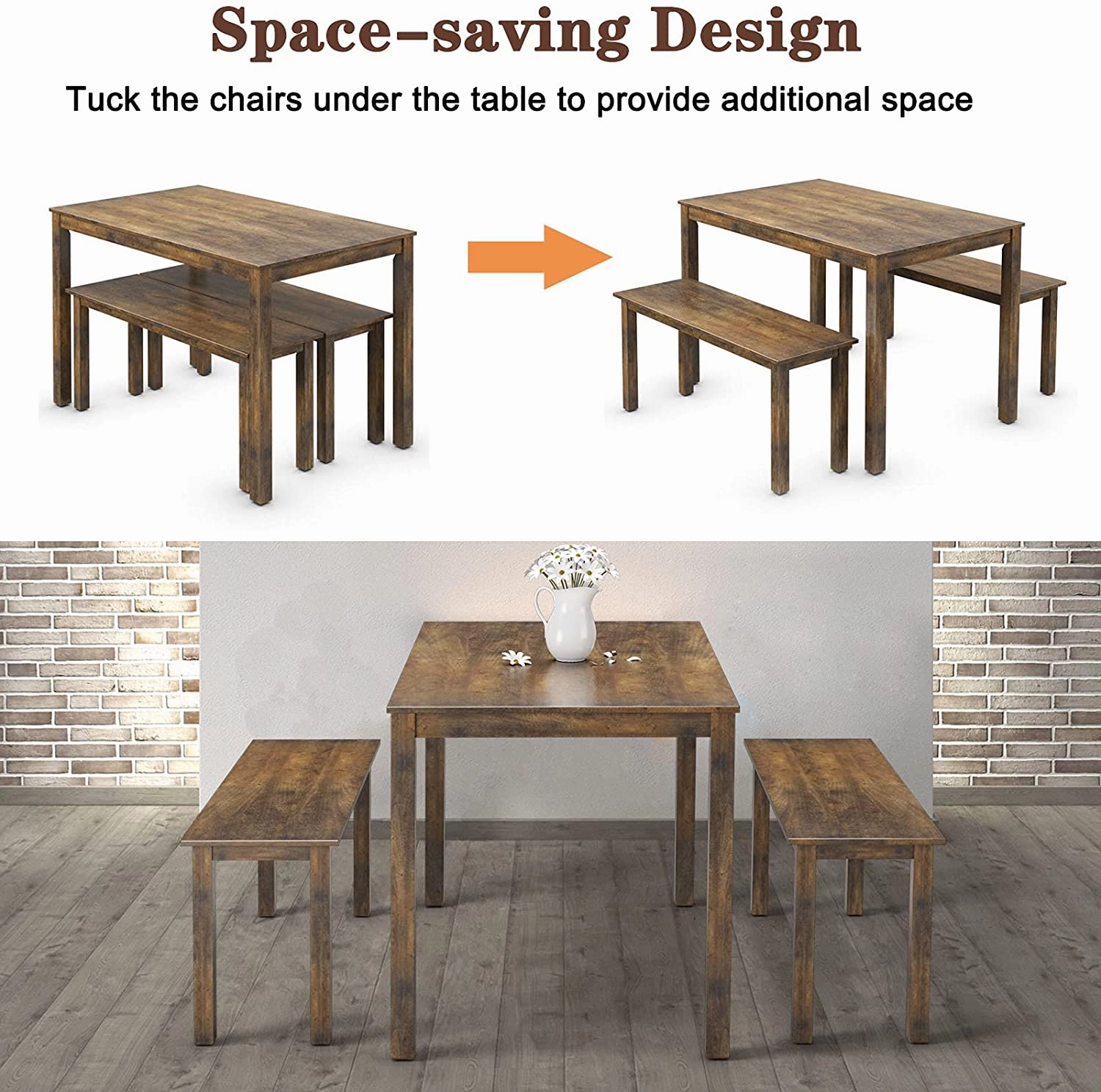 Wooden 3 Pcs Kitchen Dining Room Furniture for 4, Modern Studio Collection Table Set with 2 Benches, Dinette Set (Coffee Brown)