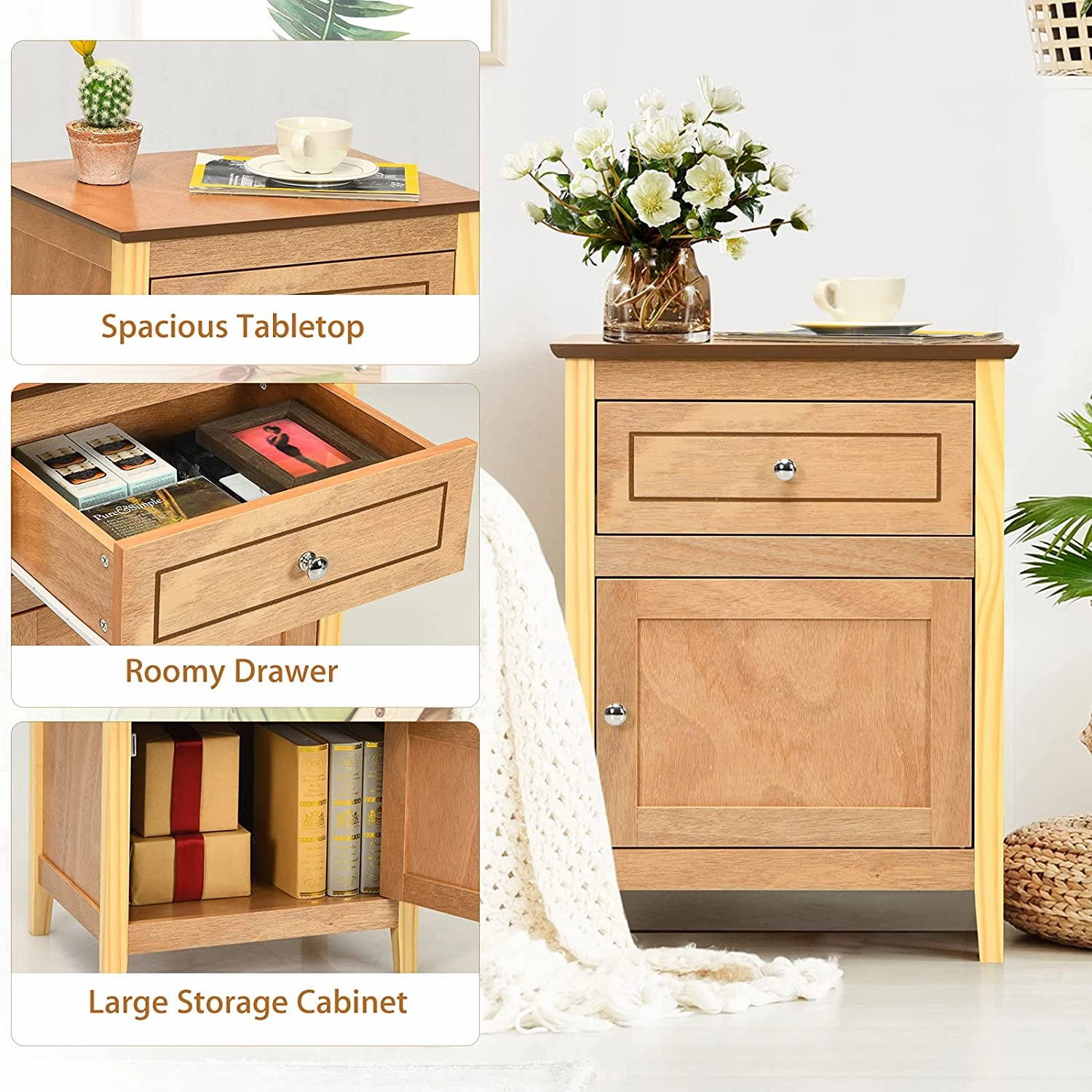 Wooden End Table W/Shelf, 2-Tier Storage Side Table Bedside,Sofa Table