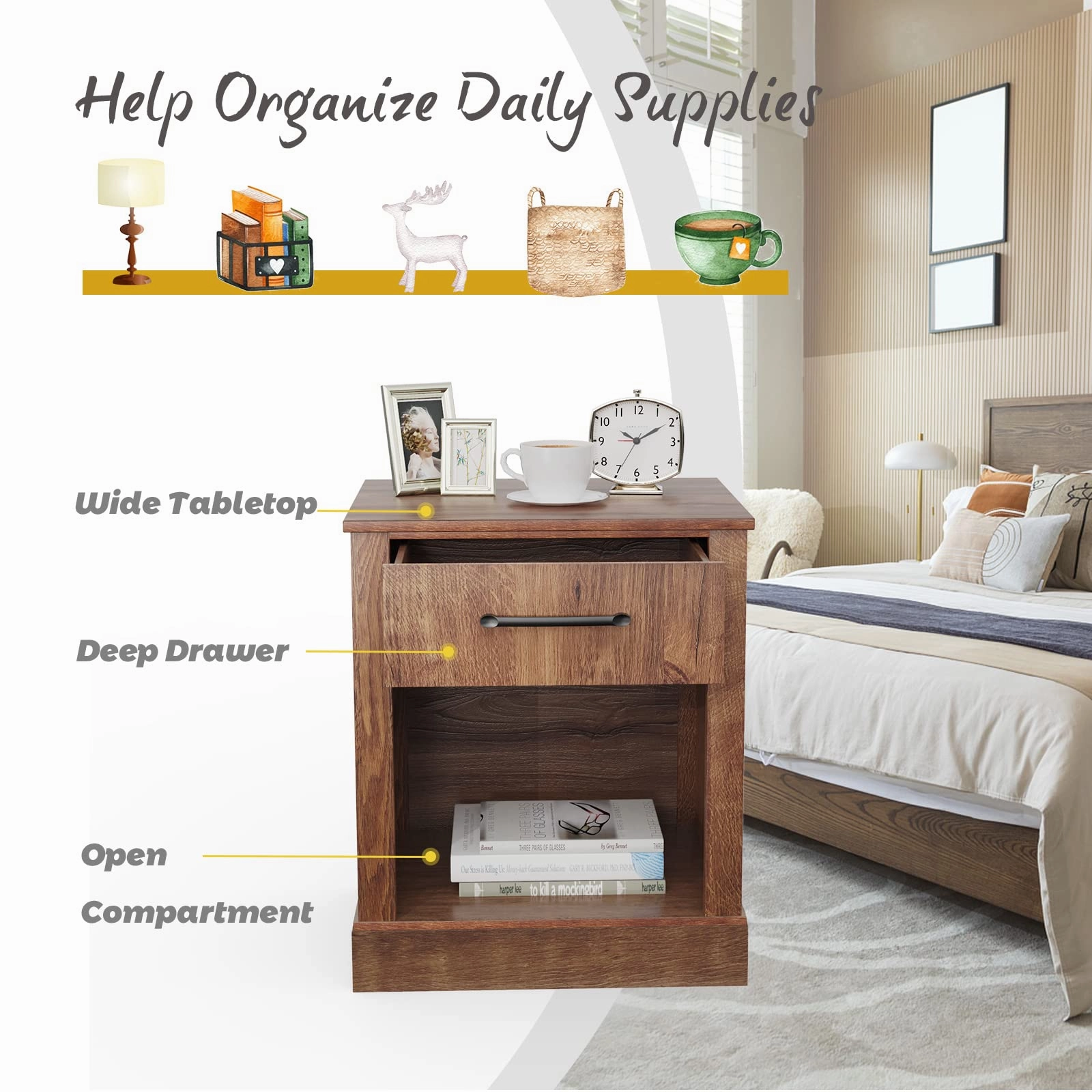 Wooden Sofa Side Table for Bedroom Office Study